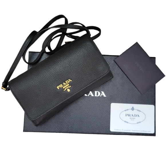 PRADA Black Leather Wallet On Chain Crossbody Bag Shoulder Bag - Picture 2 of 16